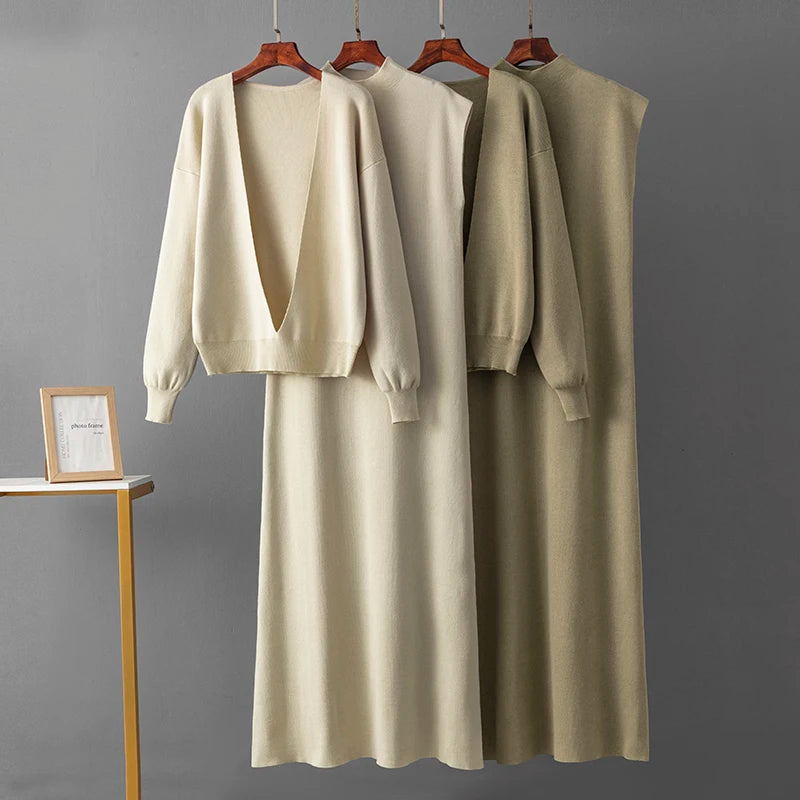 Knitted Dress Two Piece Set – Long Sleeve Sweater & Skirt