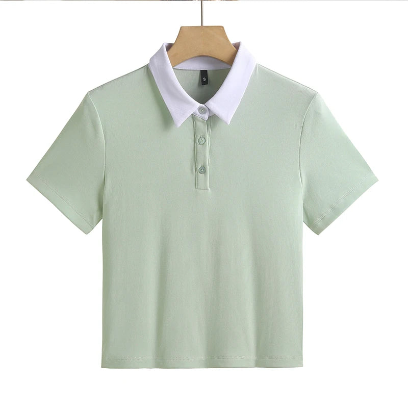 Slim Fit Polo T-shirt — Solid Color Short Style Top