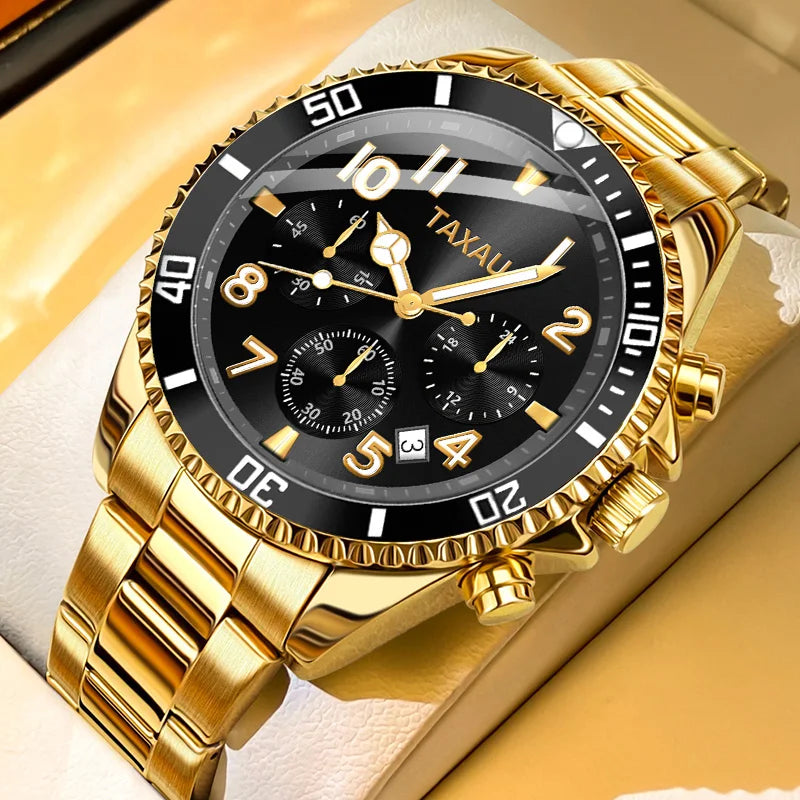 Golden Moon Phase Watch – Luxury Quartz, Waterproof, Elegant Chronograph
