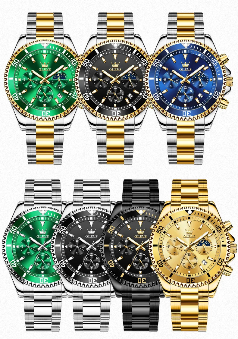 Golden Moon Phase Watch – Luxury Quartz, Waterproof, Elegant Chronograph