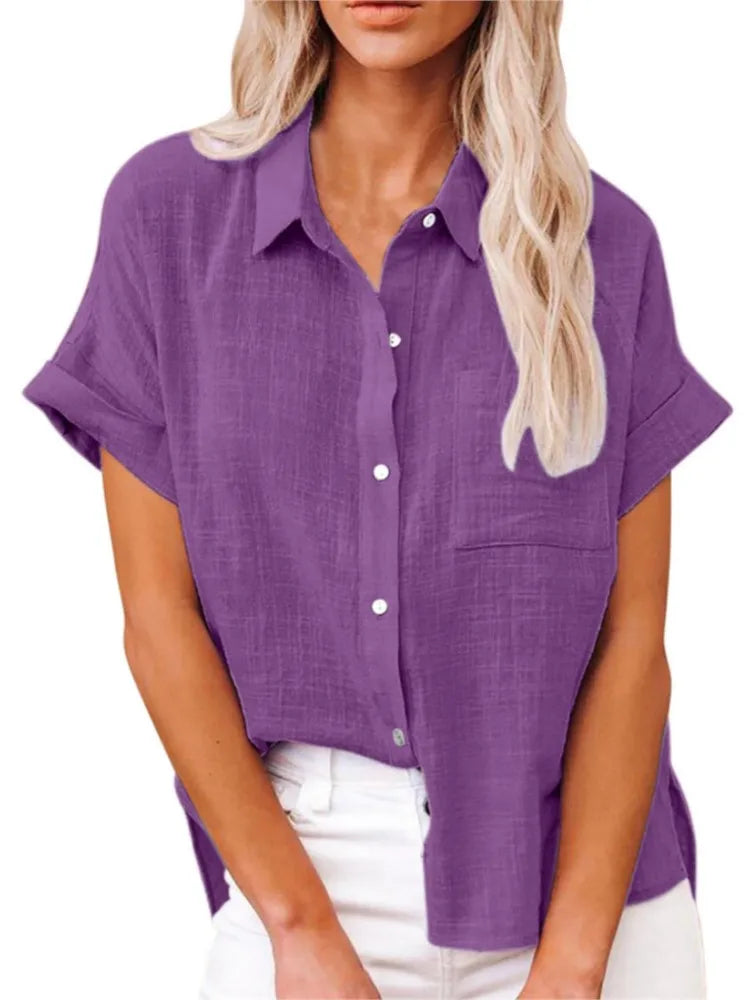Classic V-Neck Blouse — Short Sleeve, Loose Fit, White
