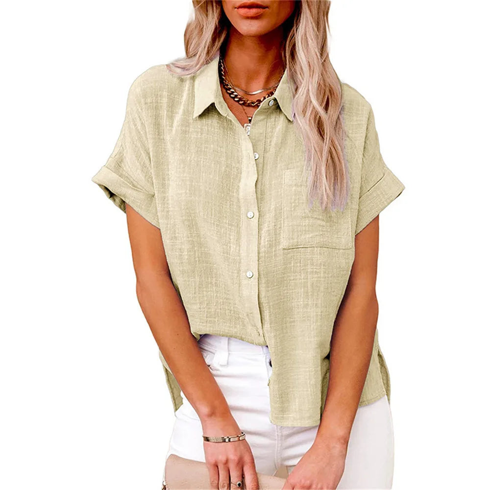 Classic V-Neck Blouse — Short Sleeve, Loose Fit, White