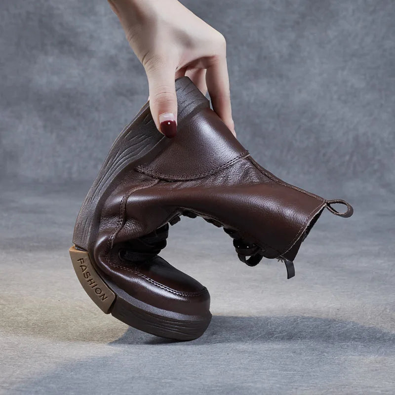 Drkanol | Genuine Leather Round Toe Short Boots – Retro Street Style