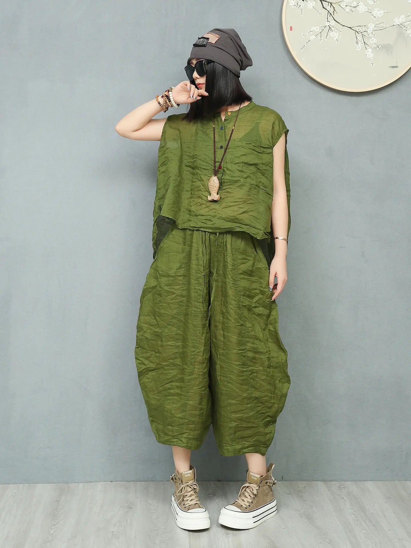 Ramie Asymmetric Top & Pumpkin Pants Set – Lightweight Loose Two Piece