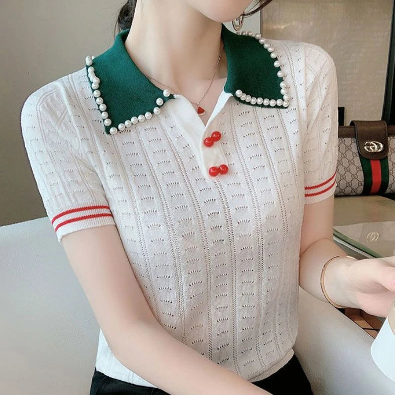 Beaded Polo Collar Top — Ice Silk Summer Sweater