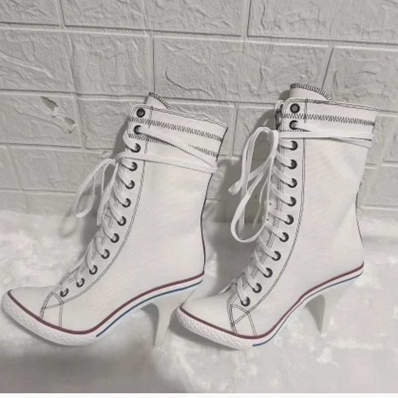 CrossLace | White Round Toe Lace-Up Sports Boots – Stiletto Ankle