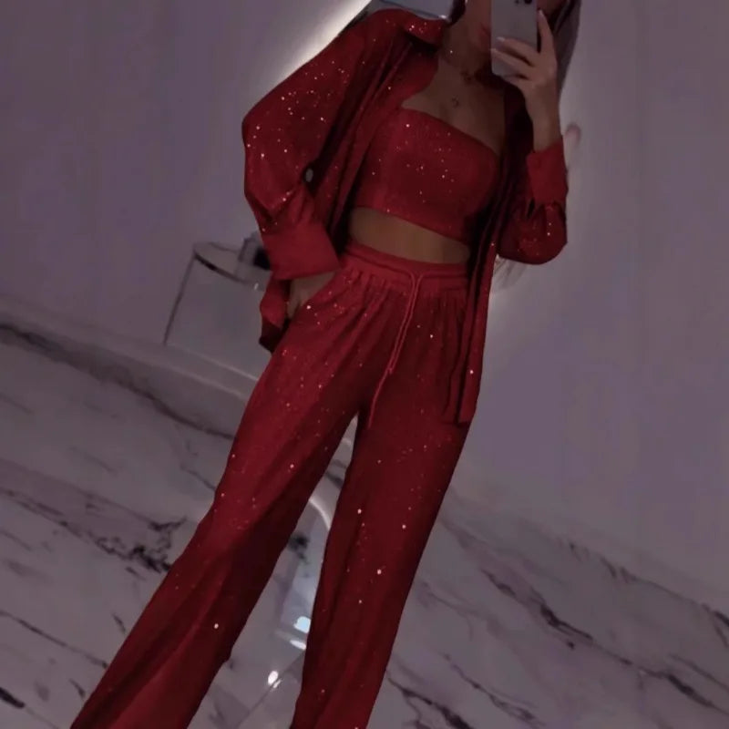 Sequin Shirt & Wide-Leg Trousers Set