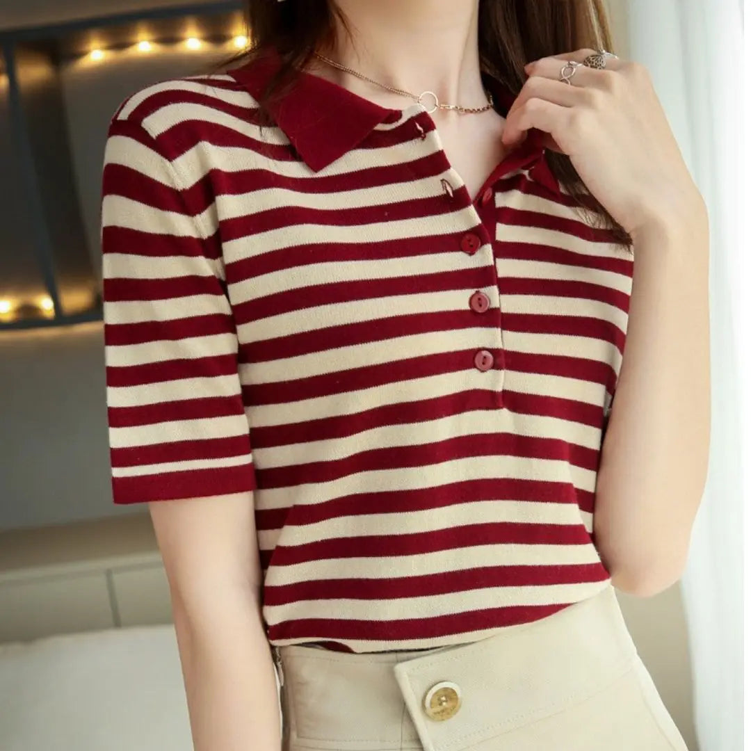 Striped Polo T-shirt — 100% Cotton Casual Top
