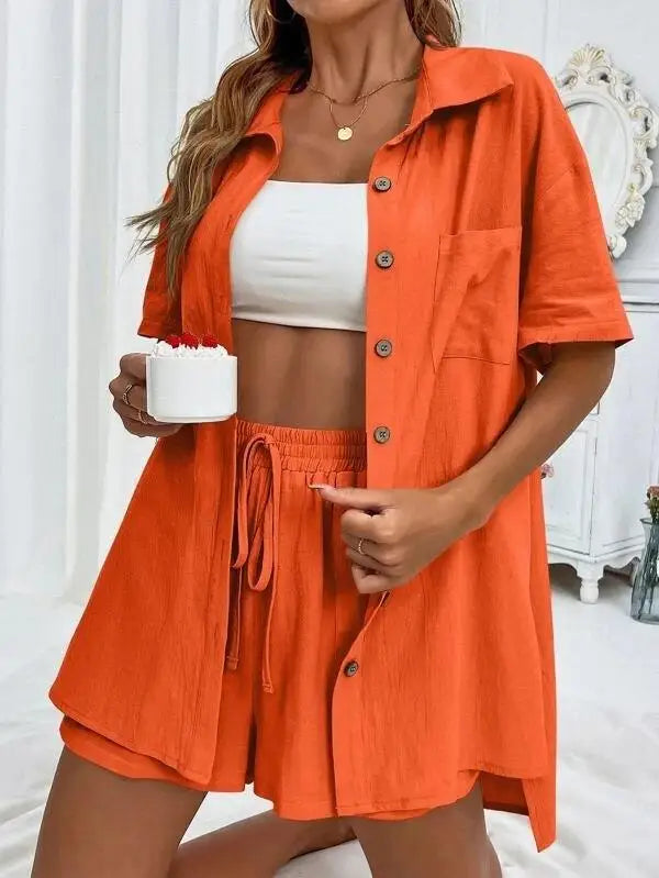 Linen Ease Set – Short-Sleeve Shirt & Elastic Shorts