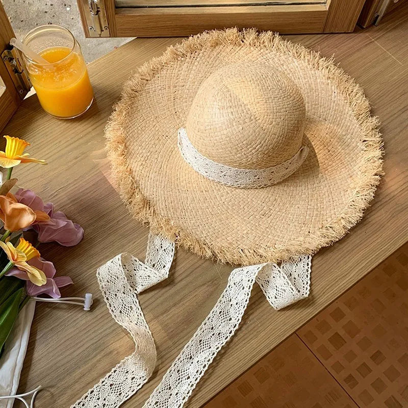 Natural Raffia Wide Brim Hat | Handwoven Straw – Travel & Beach Sun Protection