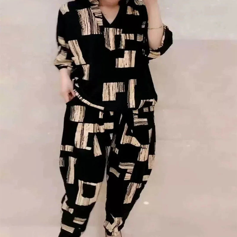 Loose Print Top & Harem Pants Set – Casual Two Piece Outfit