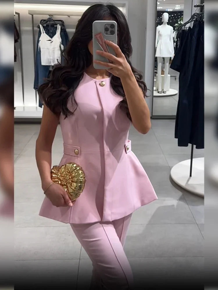 Chic Pink Vest Set – Sleeveless Top & High Waist Pants