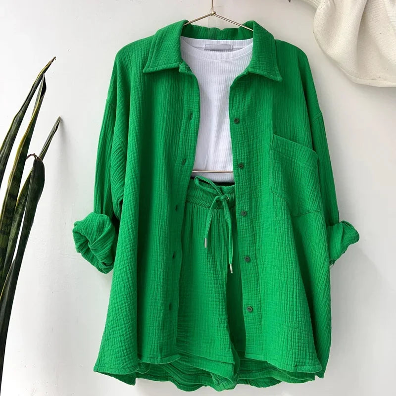 Long Sleeve Button Casual Pleated Two Piece Set – Fashion Solid Color