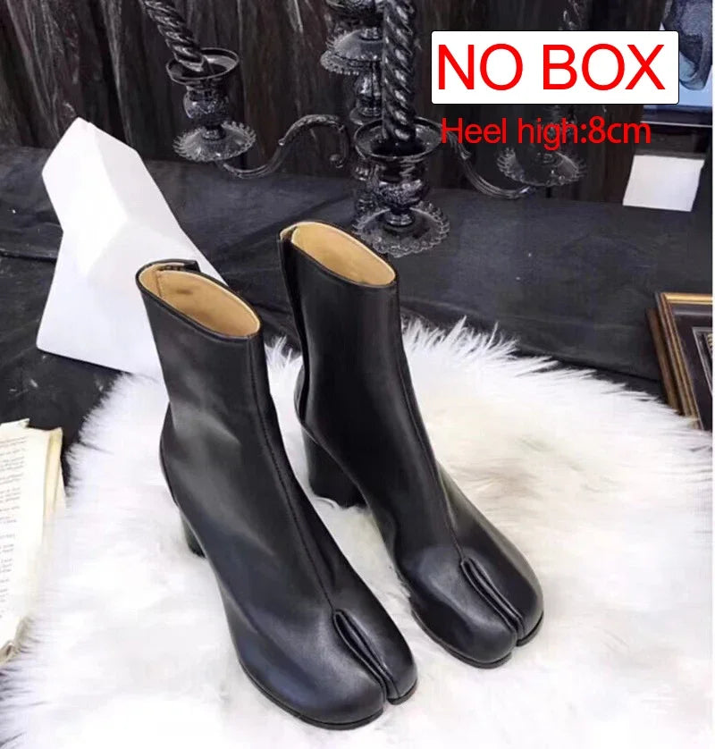TabiEdge | Split Toe Chunky Heel Leather Boots – Autumn Comfort