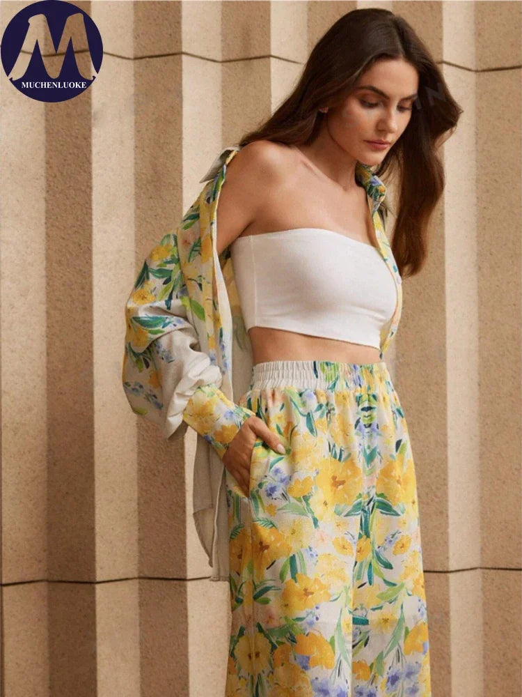 Printed Resort Set – Long Sleeve Shirt & Wide Pants