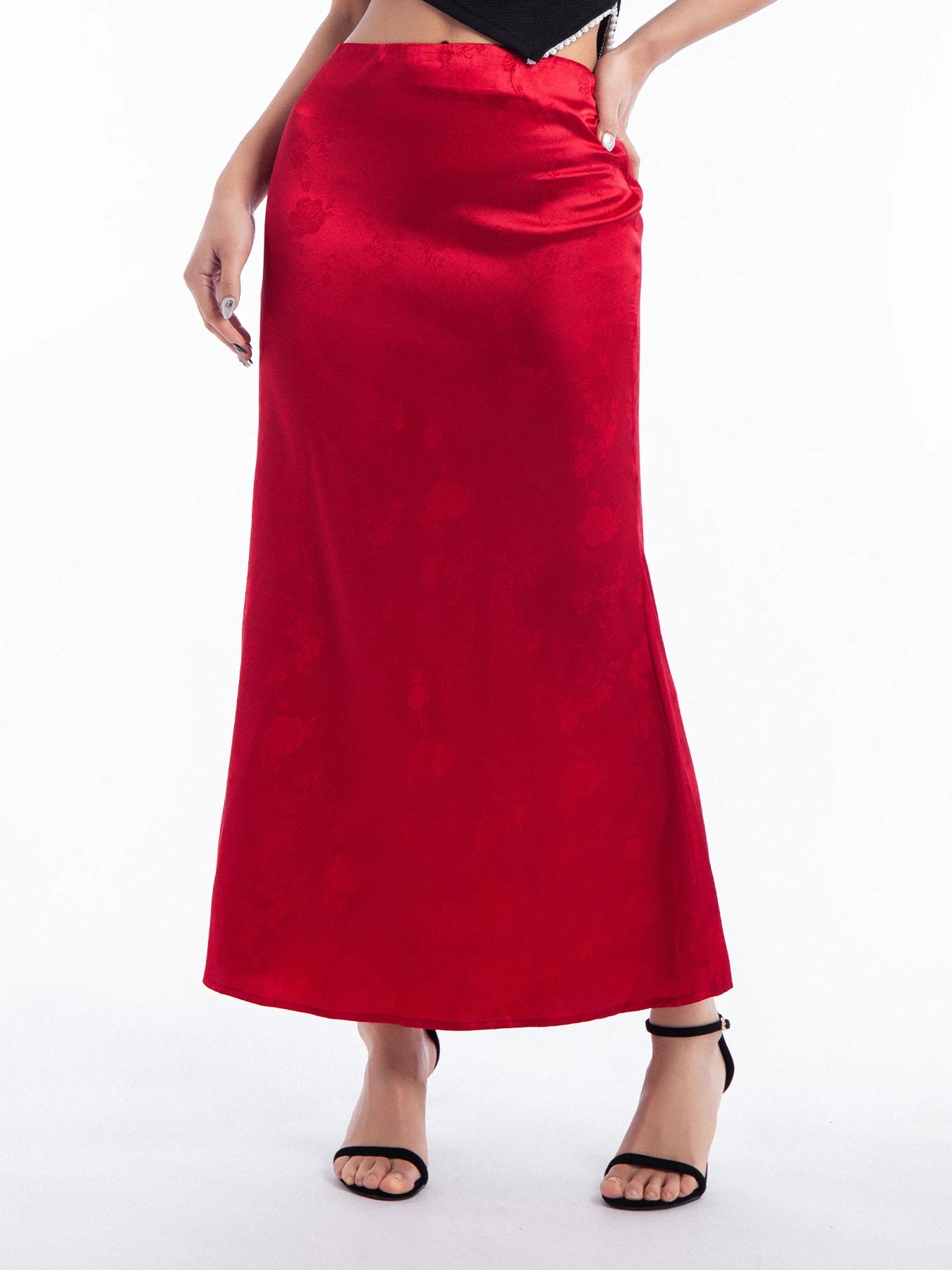 Red Silk Satin Pleated Maxi Skirt — Elegant Y2K Party