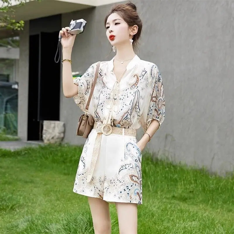 Ice Silk Printed Shorts & Jacket Set – Vacation Two Piece Summer Outfit