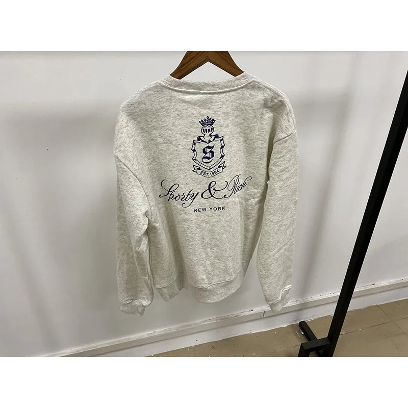 Crown Letter Sweatshirt — Rich Graphic Pullover, Grey Sporty Look