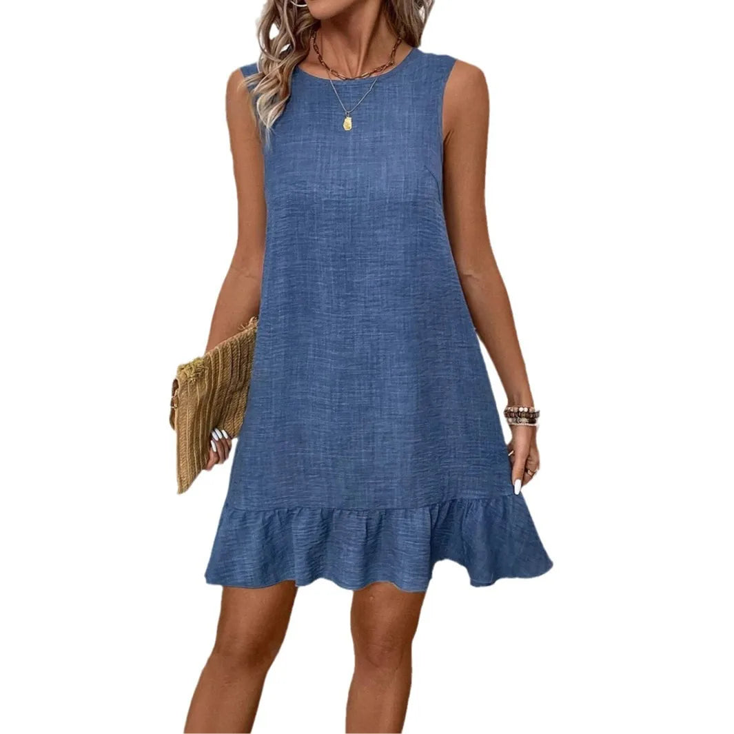 Ruffled Round Neck Mini Dress — Slim Fit Sleeveless High Waist Streetwear