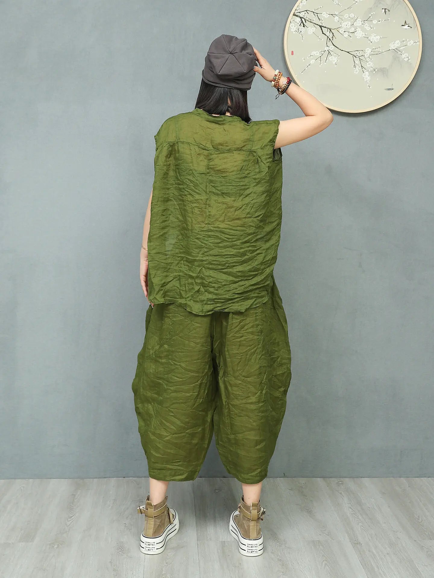 Ramie Asymmetric Top & Pumpkin Pants Set – Lightweight Loose Two Piece