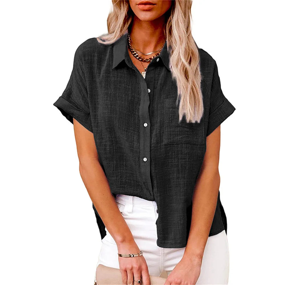 Classic V-Neck Blouse — Short Sleeve, Loose Fit, White