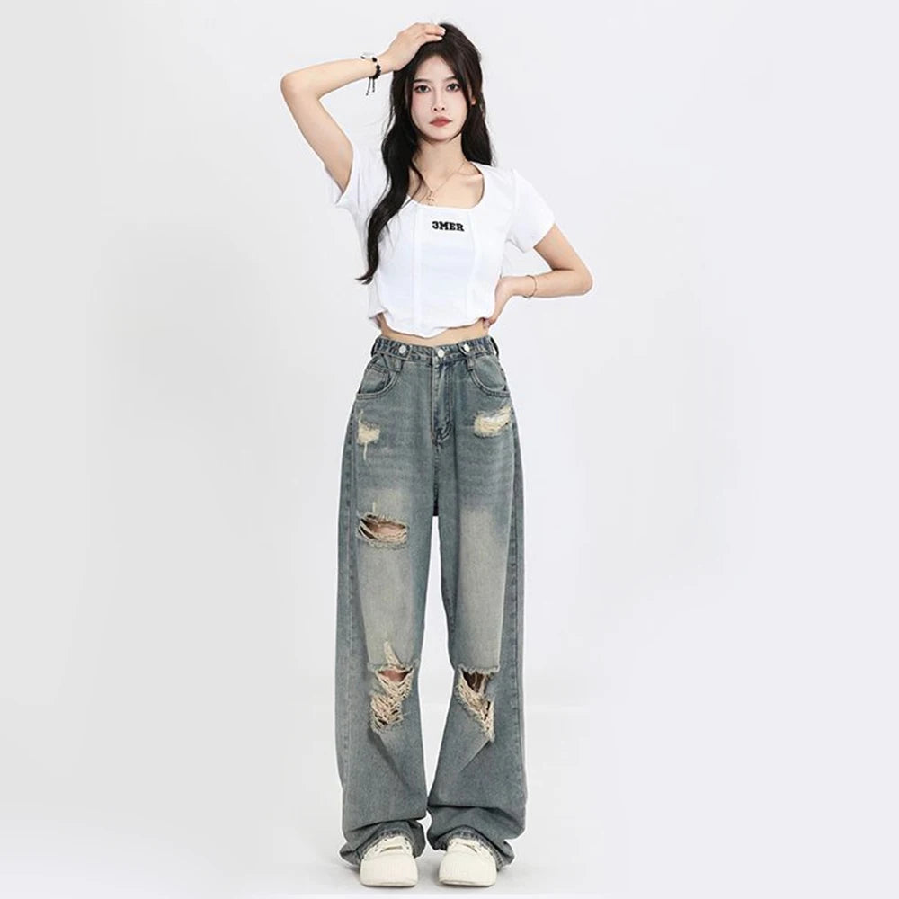 Retro Hole Jeans — Wide-Leg High Street Fit
