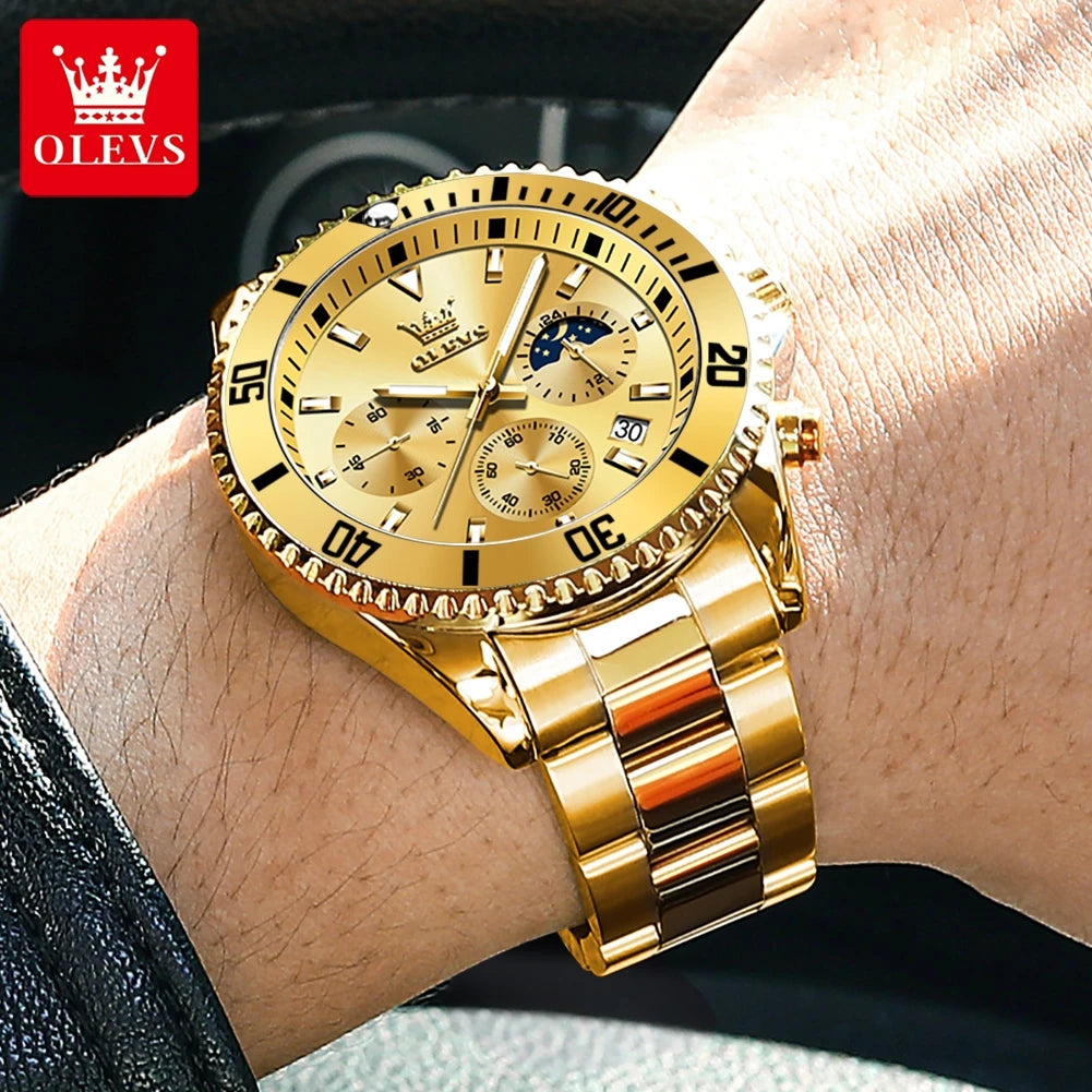 Golden Moon Phase Watch – Luxury Quartz, Waterproof, Elegant Chronograph