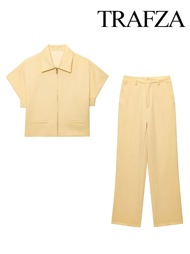 Lapel Short Coat & Wide-Leg Pants