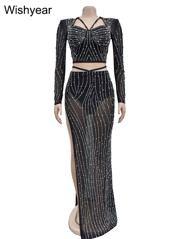 Mesh Crystal Top & Skirt Set