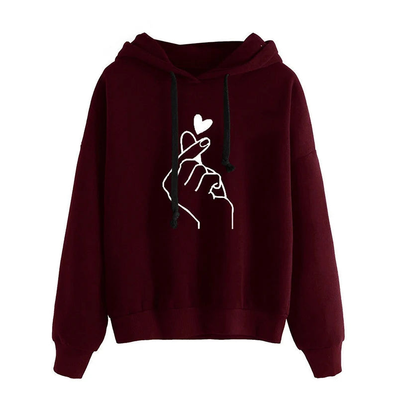Solid Fleece Hoodie — Korean Finger Heart Print, Drawstring Pockets