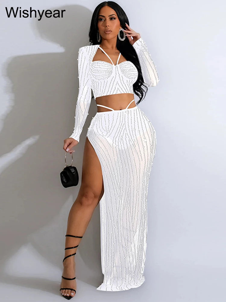 Mesh Crystal Top & Skirt Set