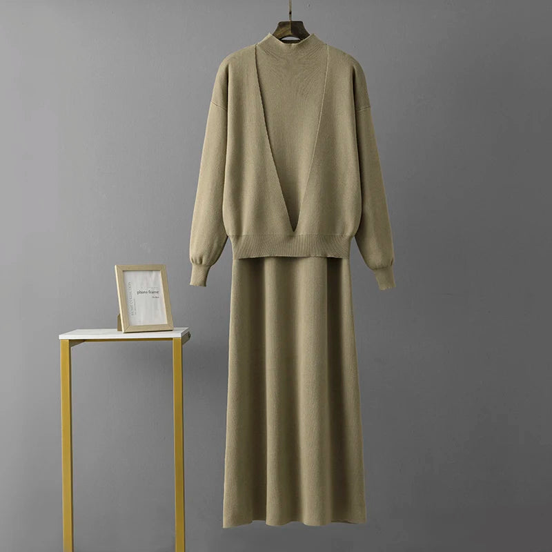 Knitted Dress Two Piece Set – Long Sleeve Sweater & Skirt