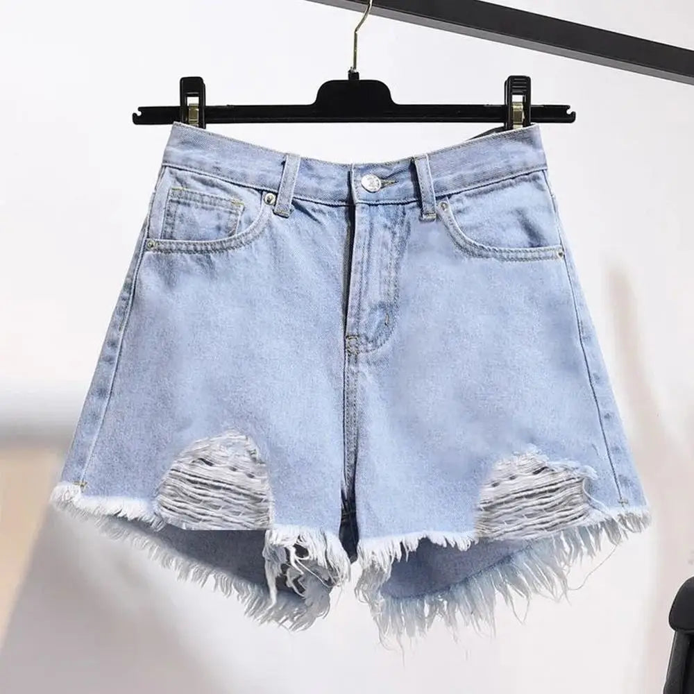 Cowboy Denim Shorts — Korean High Waist Tassel & Ripped Y2K