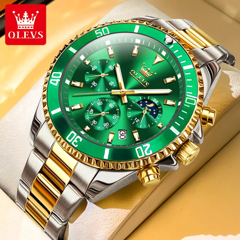 Golden Moon Phase Watch – Luxury Quartz, Waterproof, Elegant Chronograph