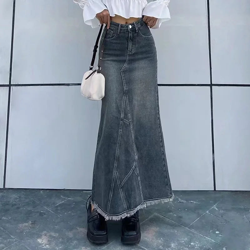 Retro Denim Long Skirt — Casual Autumn Street Style