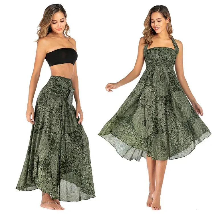 Black Patchwork Bandage Skirt — Ankle-Length