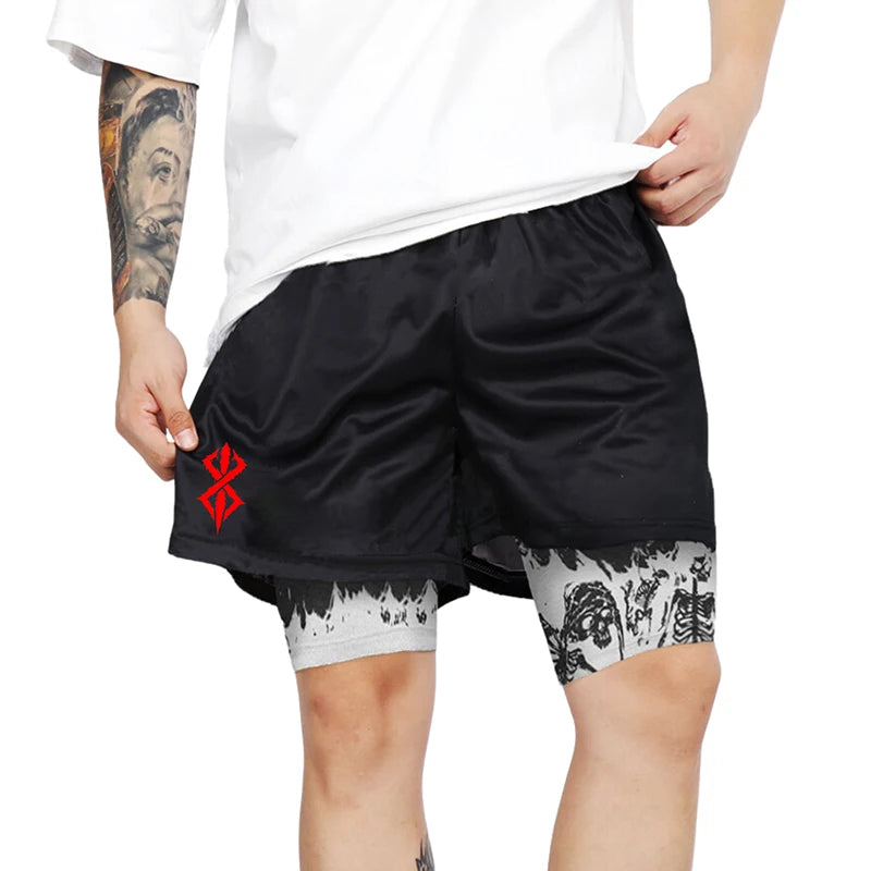 Berserk Skull Print 2-in-1 Running Shorts – Stretch, Quick Dry with Pockets