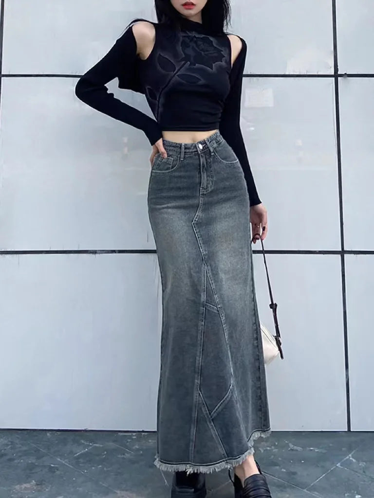 Retro Denim Long Skirt — Casual Autumn Street Style