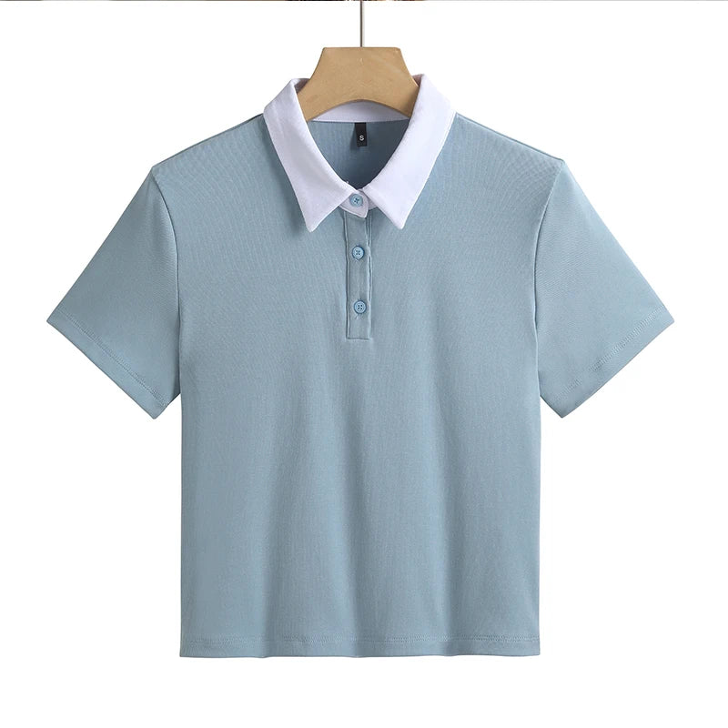 Slim Fit Polo T-shirt — Solid Color Short Style Top
