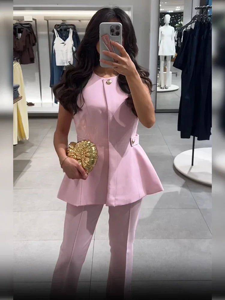Chic Pink Vest Set – Sleeveless Top & High Waist Pants