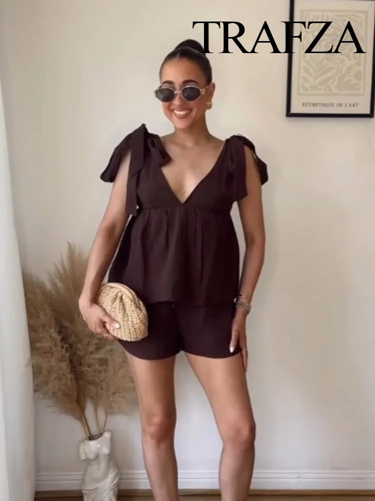 V-Neck Backless Sleeveless Top & Drawstring Slim Shorts Set – Chic Two Piece