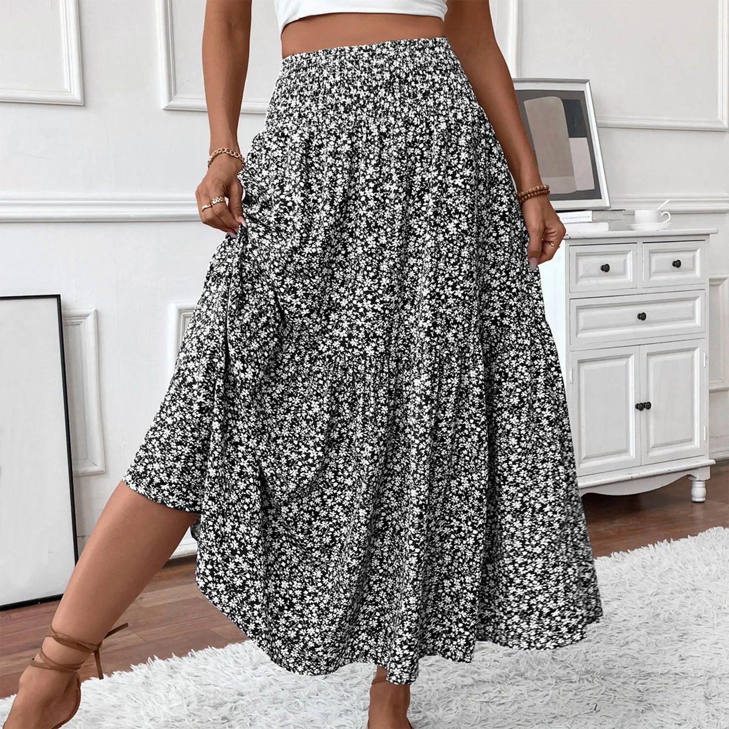 Pleated Floral Print A-Line Skirt — Elastic Waist Casual