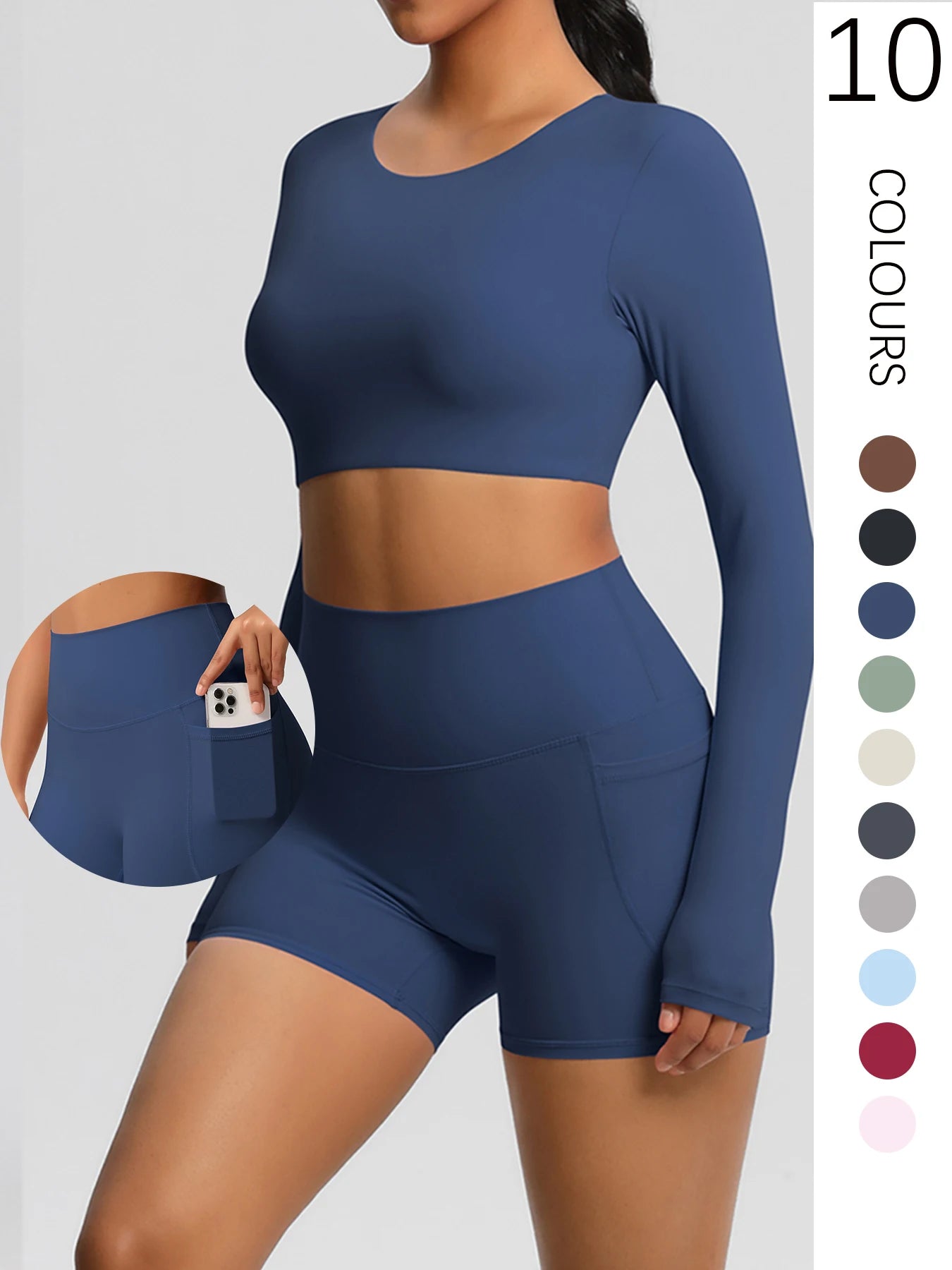 2-Piece Activewear Set — Long Sleeve Crop Top & High-Waist Yoga Shorts