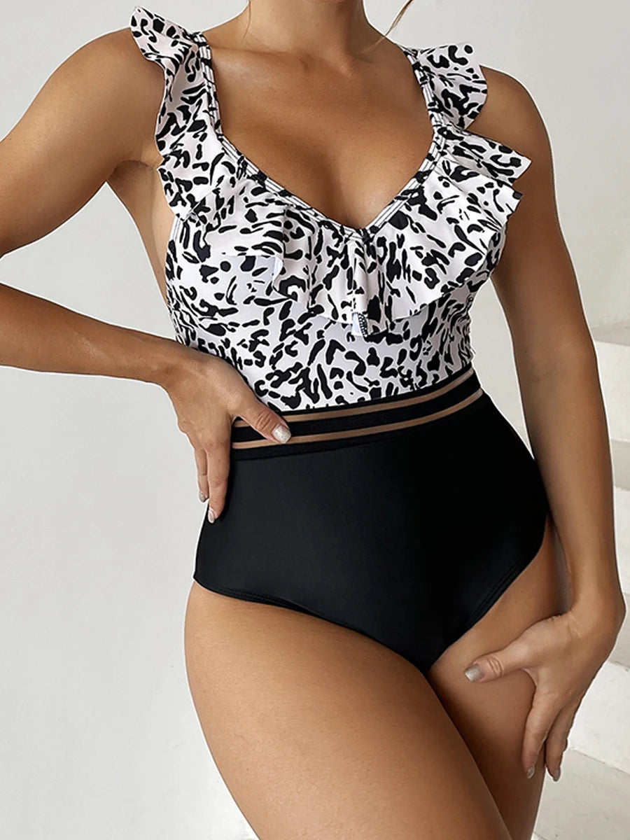 Leopard Ruffle V-Neck Swimsuit