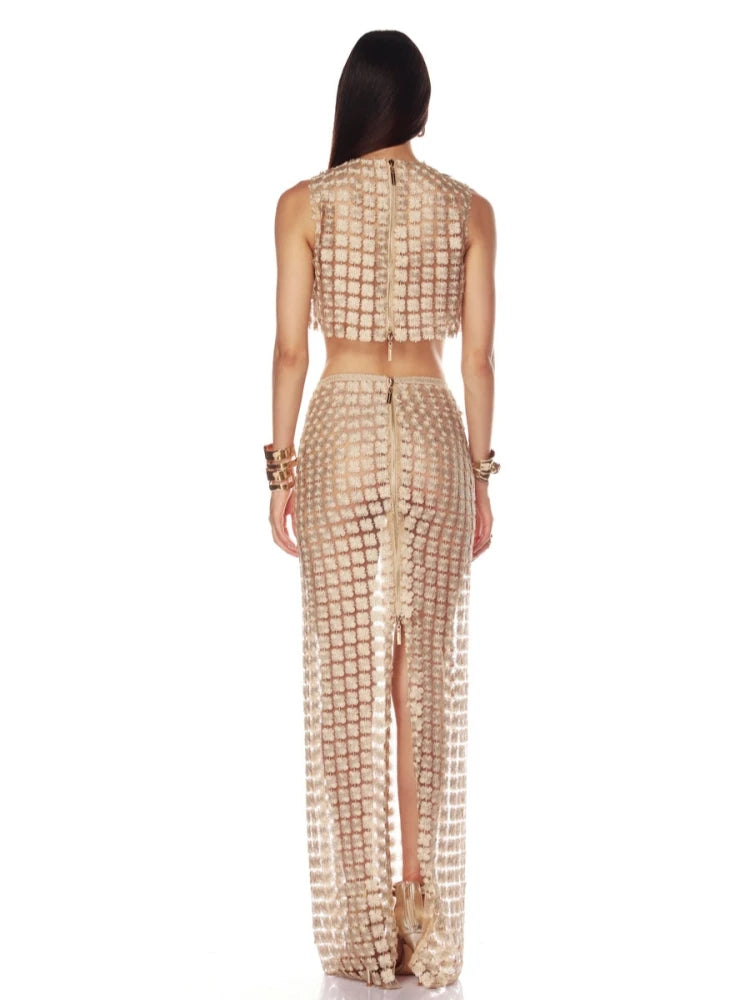 Champagne Hollow Crop Top & Skirt