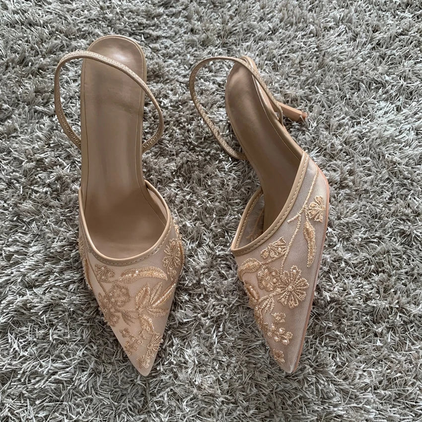 LaceGlow | Mesh Embroidered Heeled Mules – Beaded Pointed Toe Slingbacks