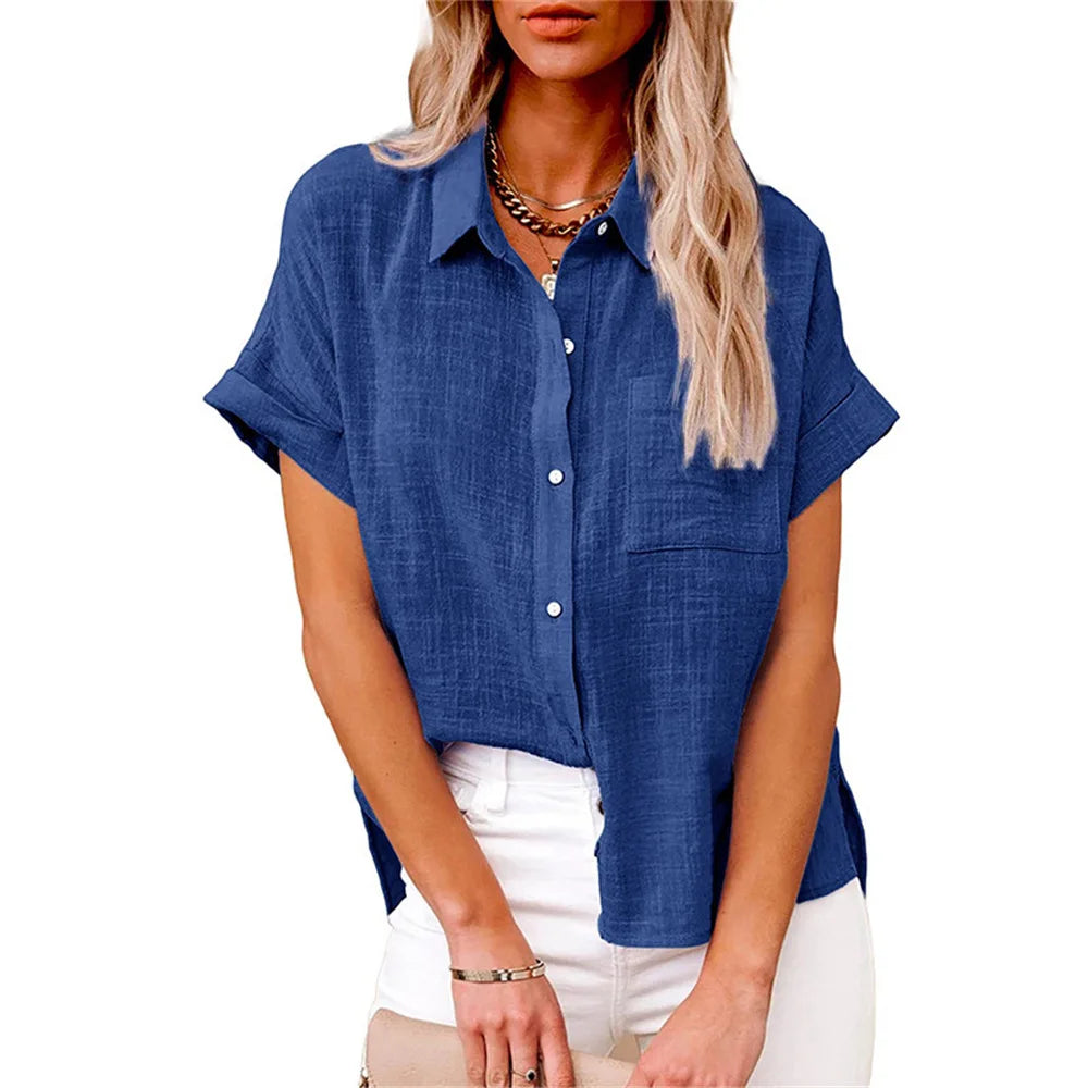 Classic V-Neck Blouse — Short Sleeve, Loose Fit, White