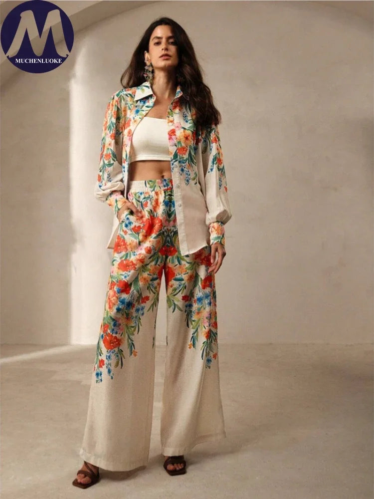 Printed Resort Set – Long Sleeve Shirt & Wide Pants