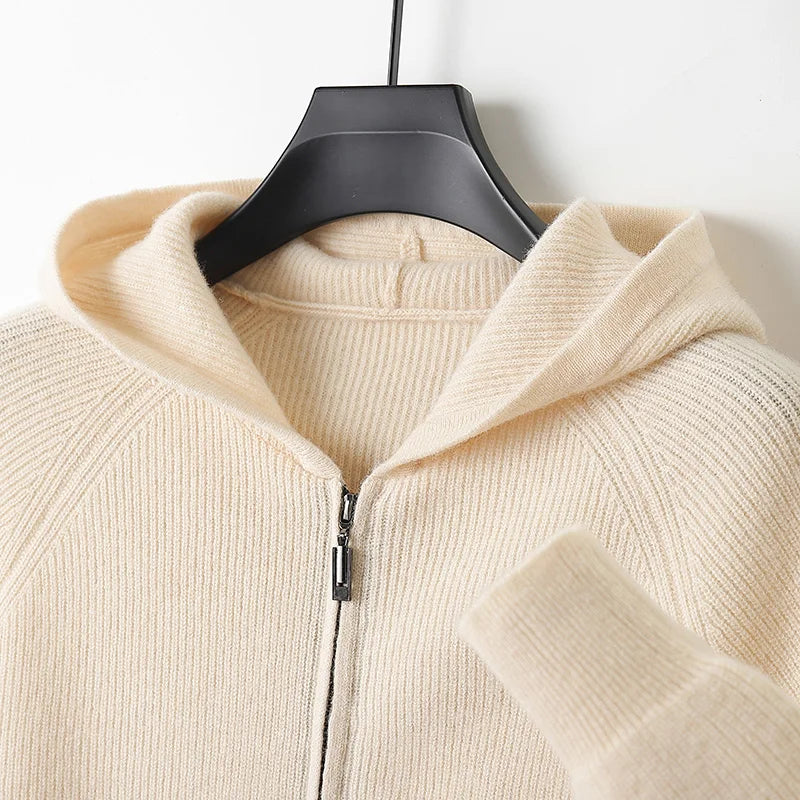 Thick Zippered Wool Knit Cardigan — Autumn Winter Casual Coat with Hood, 100% Wool