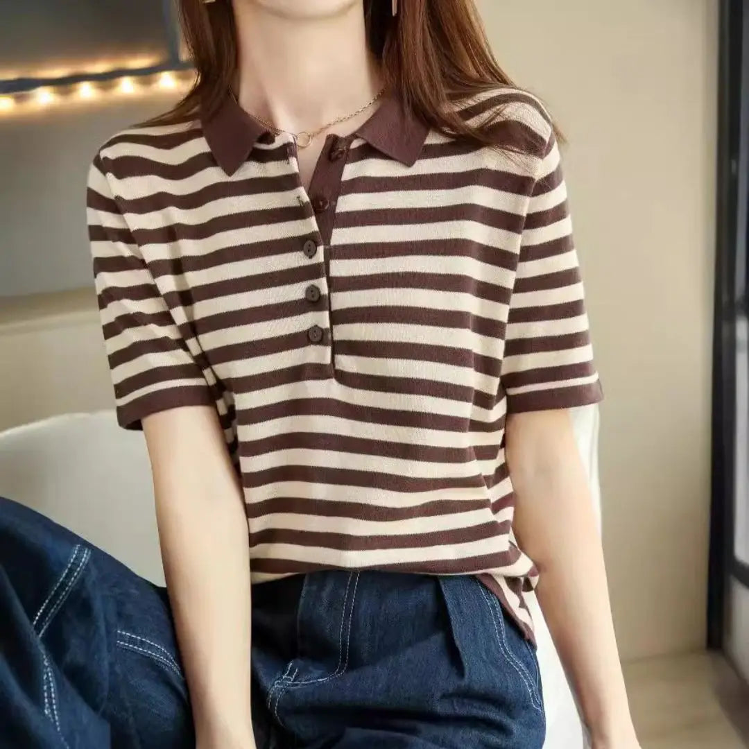 Striped Polo T-shirt — 100% Cotton Casual Top